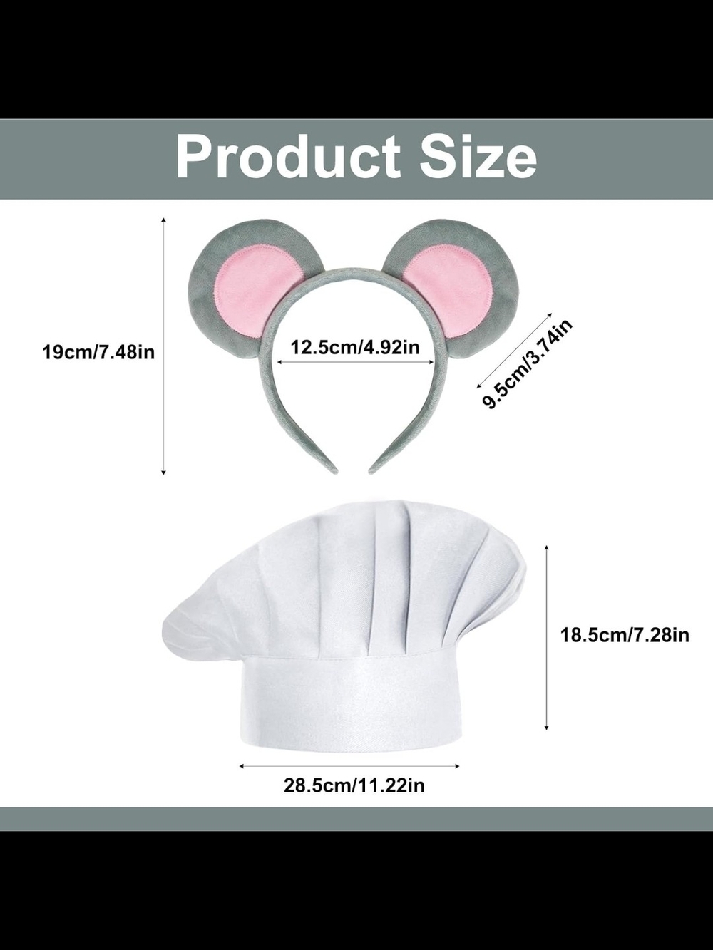 Adult Gray and Pink Mouse Ear Headband with White Chef Hat Set